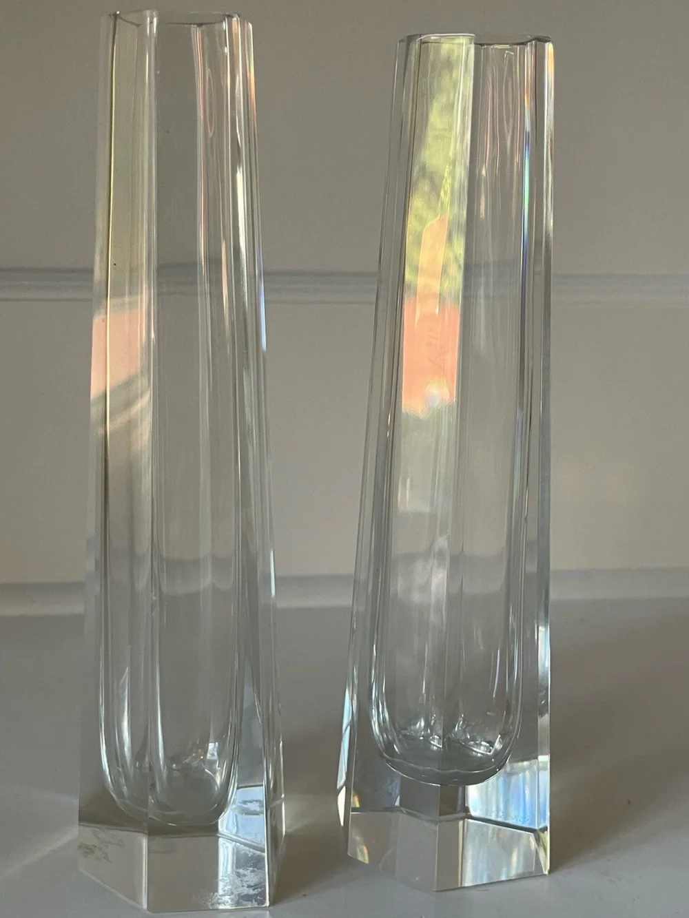 Vintage Signed Ceska Crystal Bud Vases 7.75” Matching Pair Set of 2